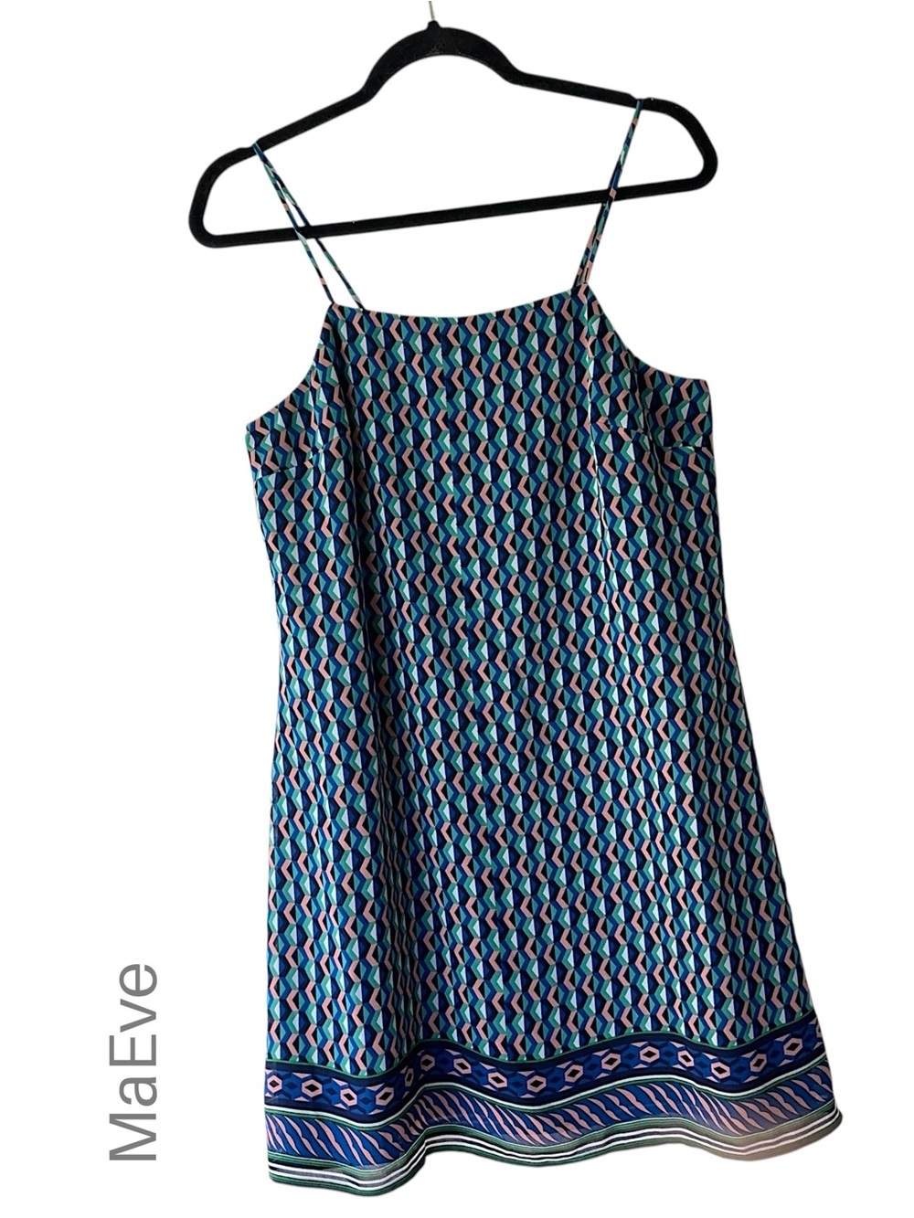 MAEVE x ANTHROPOLOGIE NWOT PURE SILK GEOMETRIC PRINT SLIP DRESS LINED BLUE SMALL